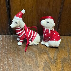 Festive Dachshund/Dog Ceramic Ornaments - Red and White - set of 2